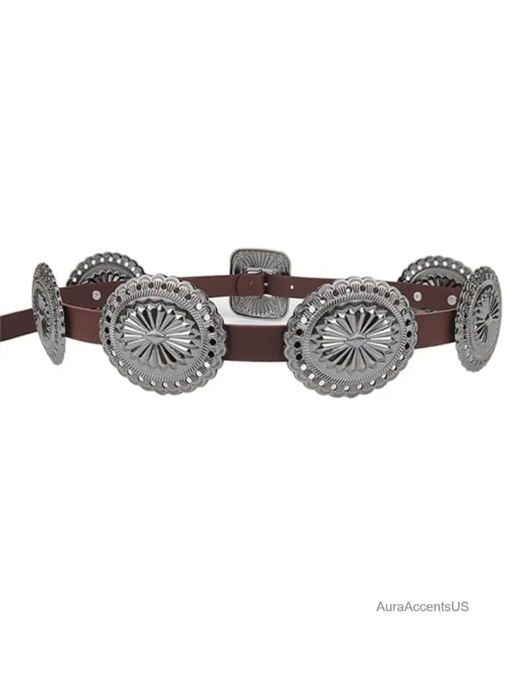 Faux Leather Western Belt with Concho Buckle - Cowgirl Style